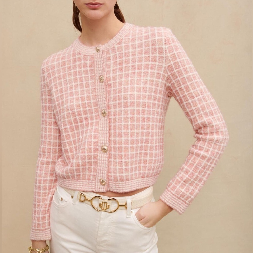 NEW Maje Pink Plaid Tweet Style Knit Cardigan, Size Small